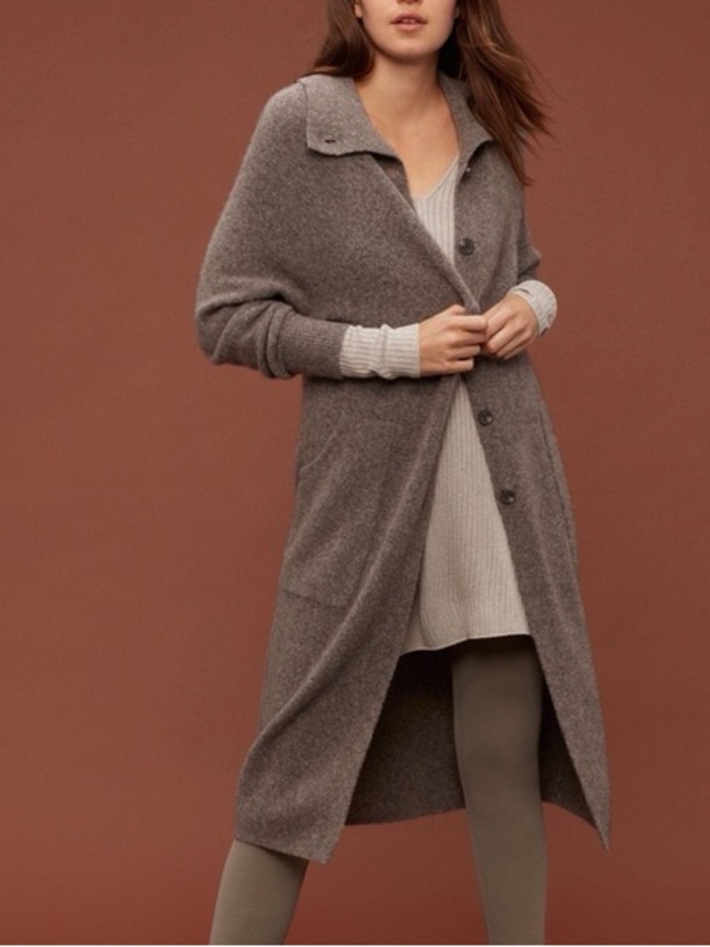 ARITZIA BABATON Nour Grey Wool-Blend Long Button-Front Knit Cardigan (XS)